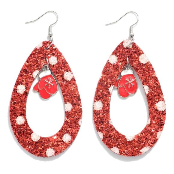 Red Glitter Christmas Teardrop Earrings with Red Enamel Mitten Charms - Picture 1 of 2